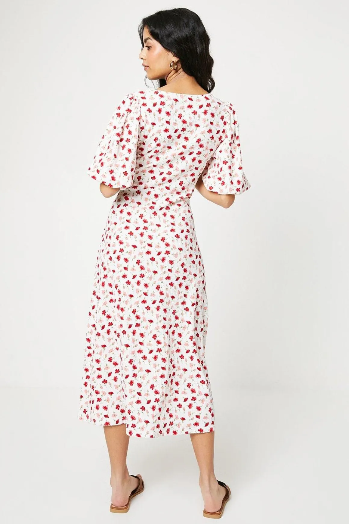 Robe Mi-longue Jersey Petite à Imprimé Fleuri avec Fronces Devant et Manches Bouffantes