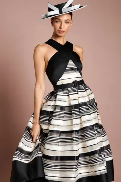 Coast Robe Mi-Longue Lisa Tan à Col Licou Rayures chromes<Femme Toutes Les Robes|Robes