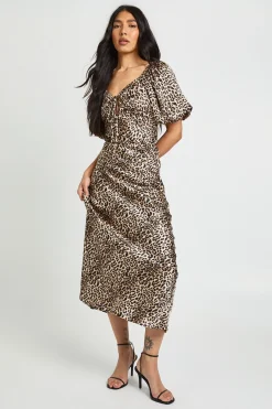 Robe Mi-longue À Manches Bouffantes Imprimé Léopard Pour Grande Taille