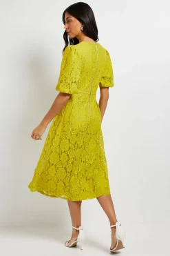 Robe Mi-Longue à Manches Bouffantes en Dentelle