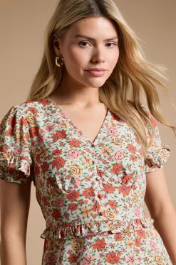 Robe Mi-longue À Manches Bouffantes Avec Détails À Volants