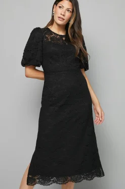 Robe Mi-Longue à Manches Bouffantes en Dentelle