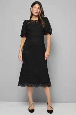 Robe Mi-Longue à Manches Bouffantes en Dentelle