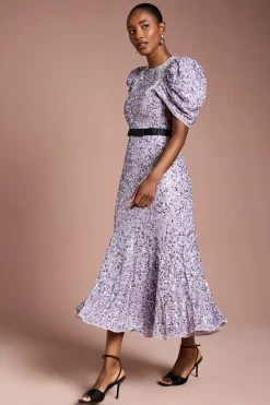 Robe Mi-Longue à Manches Bouffantes Ornée de Sequins