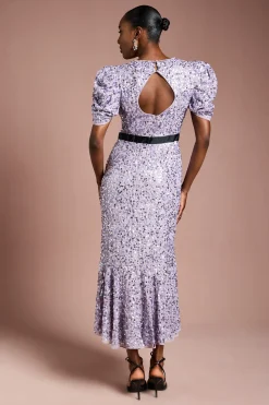 Robe Mi-Longue à Manches Bouffantes Ornée de Sequins
