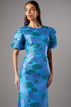 Robe Mi-Longue à Manches Bouffantes Motif Floral Bleu
