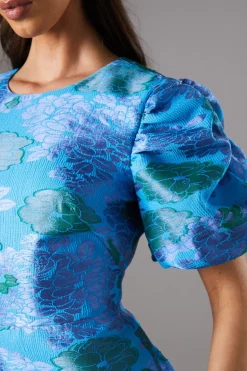 Robe Mi-Longue à Manches Bouffantes Motif Floral Bleu