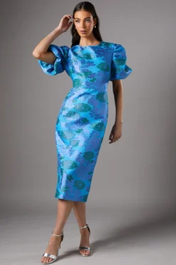 Robe Mi-Longue à Manches Bouffantes Motif Floral Bleu