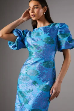 Robe Mi-Longue à Manches Bouffantes Motif Floral Bleu