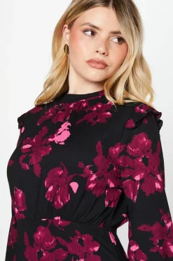 Robe Mi-Longue à Manches Longues Rose à Motifs Floraux avec Ourlet à Volants