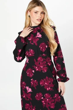 Robe Mi-Longue à Manches Longues Rose à Motifs Floraux avec Ourlet à Volants