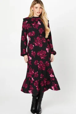 Robe Mi-Longue à Manches Longues Rose à Motifs Floraux avec Ourlet à Volants
