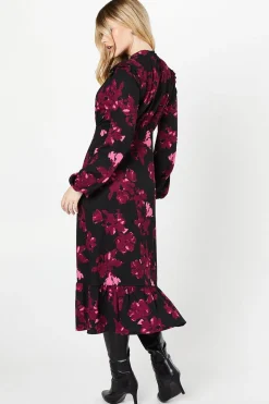Robe Mi-Longue à Manches Longues Rose à Motifs Floraux avec Ourlet à Volants