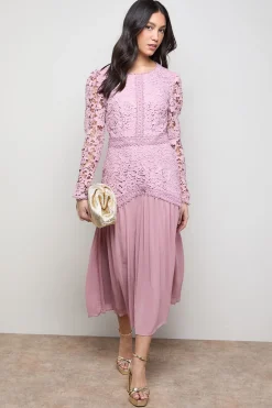 Robe Mi-Longue à Manches Longues avec Corsage en Dentelle et Jupe Plissée