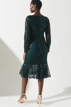 Robe Mi-Longue à Manches Longues en Dentelle Sequins de Soirée