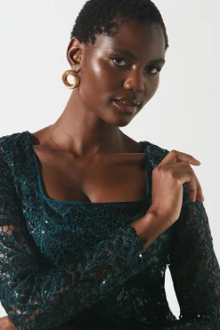 Robe Mi-Longue à Manches Longues en Dentelle Sequins de Soirée