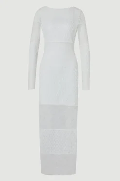 Robe Mi-Longue à Manches Longues en Dentelle Texturée avec Dos Échancré