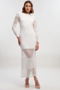 Robe Mi-Longue à Manches Longues en Dentelle Texturée avec Dos Échancré