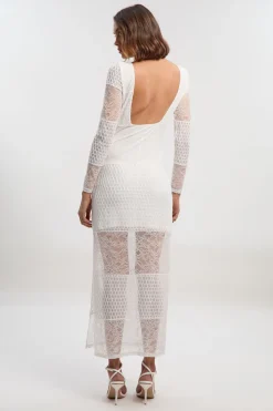 Robe Mi-Longue à Manches Longues en Dentelle Texturée avec Dos Échancré