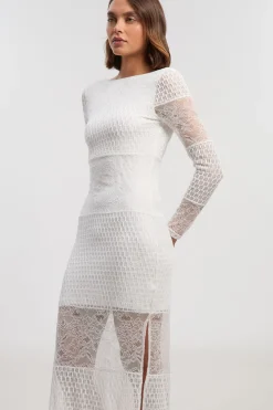 Robe Mi-Longue à Manches Longues en Dentelle Texturée avec Dos Échancré