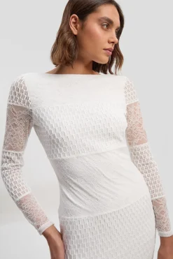 Robe Mi-Longue à Manches Longues en Dentelle Texturée avec Dos Échancré