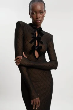 Robe Mi-Longue à Manches Longues en Résille avec Détail Nœud en Velours