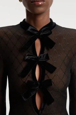Robe Mi-Longue à Manches Longues en Résille avec Détail Nœud en Velours
