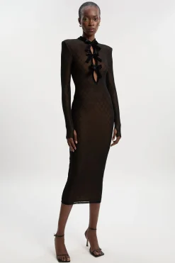 Robe Mi-Longue à Manches Longues en Résille avec Détail Nœud en Velours