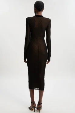 Robe Mi-Longue à Manches Longues en Résille avec Détail Nœud en Velours