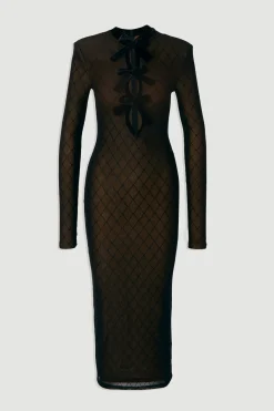 Robe Mi-Longue à Manches Longues en Résille avec Détail Nœud en Velours
