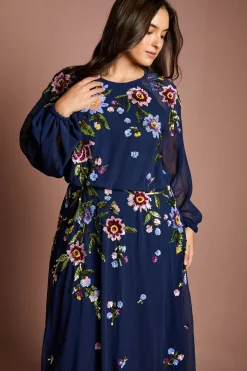 Robe Mi-Longue à Manches Longues avec Ornements Floraux à Paillettes Grande Taille