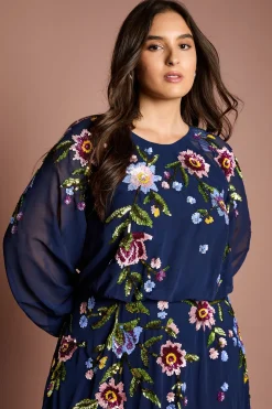Robe Mi-Longue à Manches Longues avec Ornements Floraux à Paillettes Grande Taille