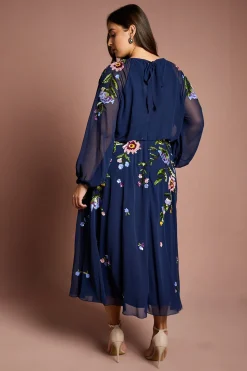 Robe Mi-Longue à Manches Longues avec Ornements Floraux à Paillettes Grande Taille