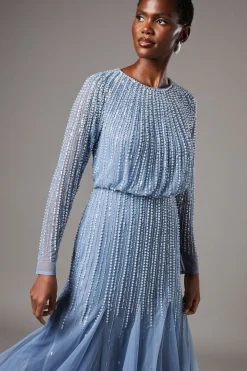 Robe Mi-Longue à Manches Longues et Sequins de Soirée