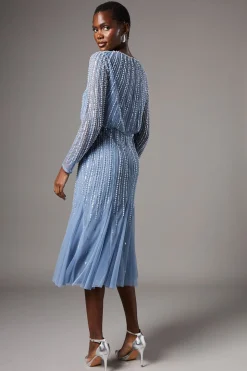 Robe Mi-Longue à Manches Longues et Sequins de Soirée