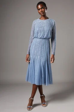 Robe Mi-Longue à Manches Longues et Sequins de Soirée