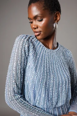 Robe Mi-Longue à Manches Longues et Sequins de Soirée