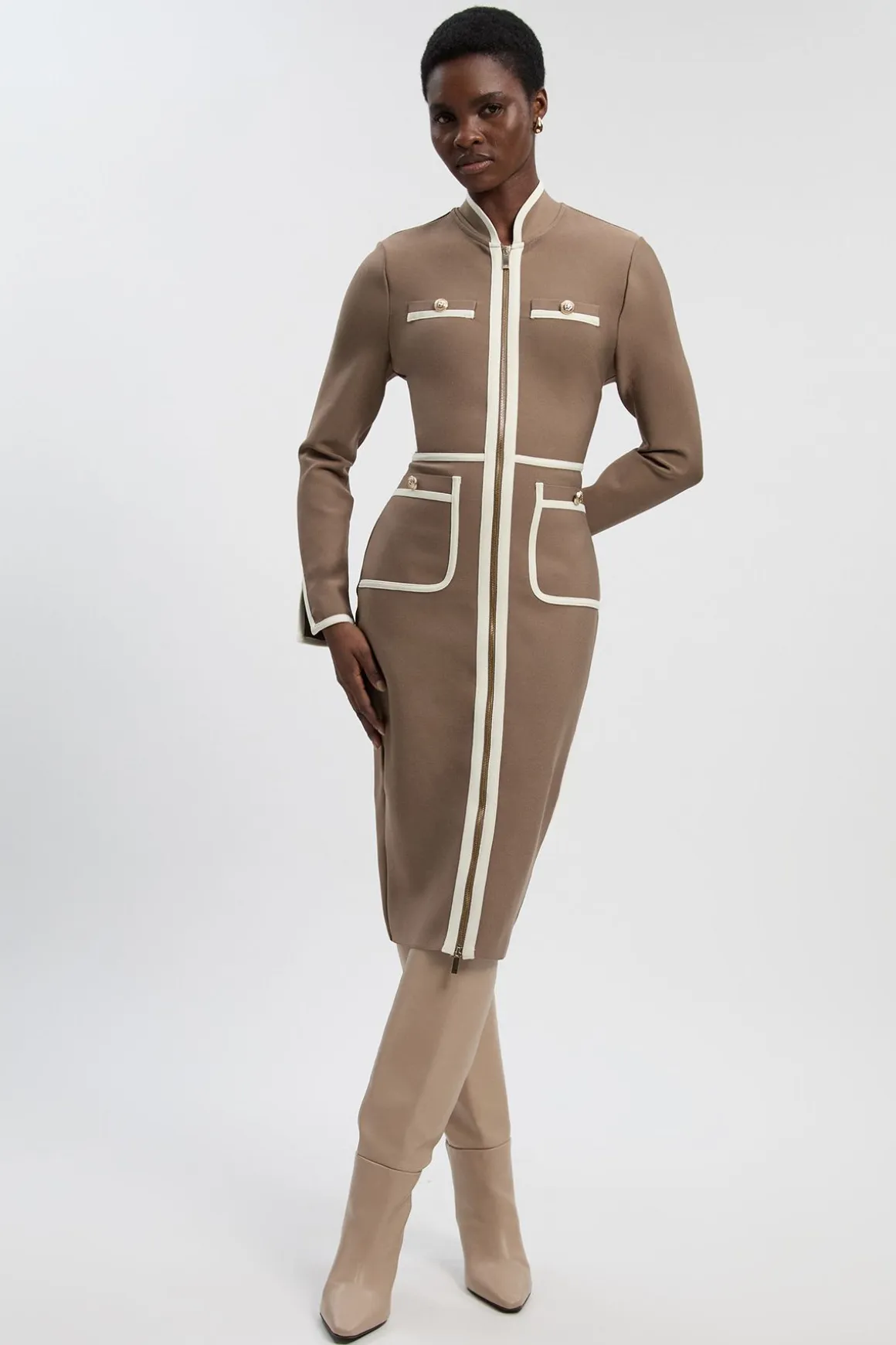 Robe Mi-Longue Militaire Moulante Tricot Bandage avec Détails Passepoil Petite Taille
