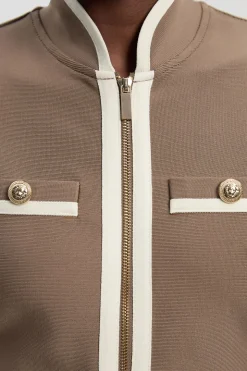 Robe Mi-Longue Militaire Moulante Tricot Bandage avec Détails Passepoil Petite Taille
