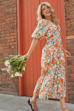 Robe Mi-longue à Motifs Floraux en Popeline avec Détail Torsadé Devant