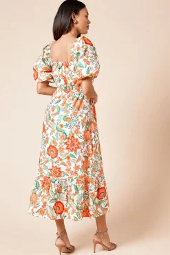 Robe Mi-longue à Motifs Floraux en Popeline avec Détail Torsadé Devant