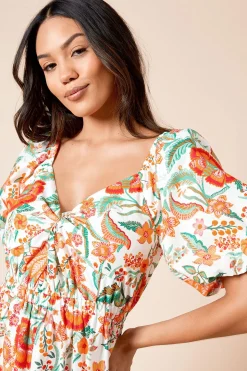 Robe Mi-longue à Motifs Floraux en Popeline avec Détail Torsadé Devant