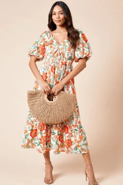 Robe Mi-longue à Motifs Floraux en Popeline avec Détail Torsadé Devant