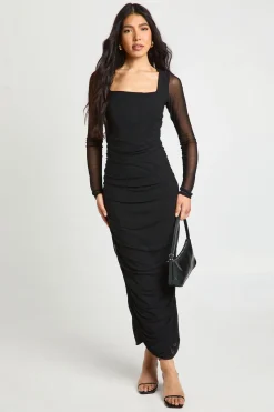 boohoo Robe Mi-Longue Moulante à Encolure Carrée en Maille Froncée - Taille Haute<Femme Robes Mi-Longues|Robes Moulantes