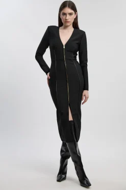 Robe Mi-Longue Moulante en Maille Bandage avec Fermeture Éclair et Détails Bordés SYNTHÉTIQUE - Petite Taille