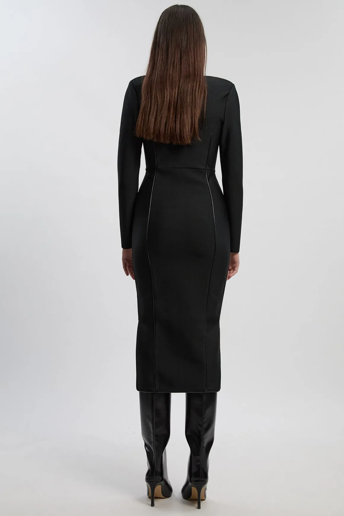 Robe Mi-Longue Moulante en Maille Bandage avec Fermeture Éclair et Détails Bordés SYNTHÉTIQUE - Petite Taille