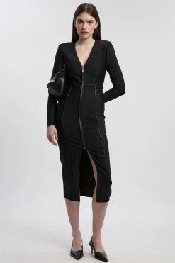 Robe Mi-Longue Moulante en Maille Bandage avec Fermeture Éclair et Détails Bordés SYNTHÉTIQUE - Petite Taille