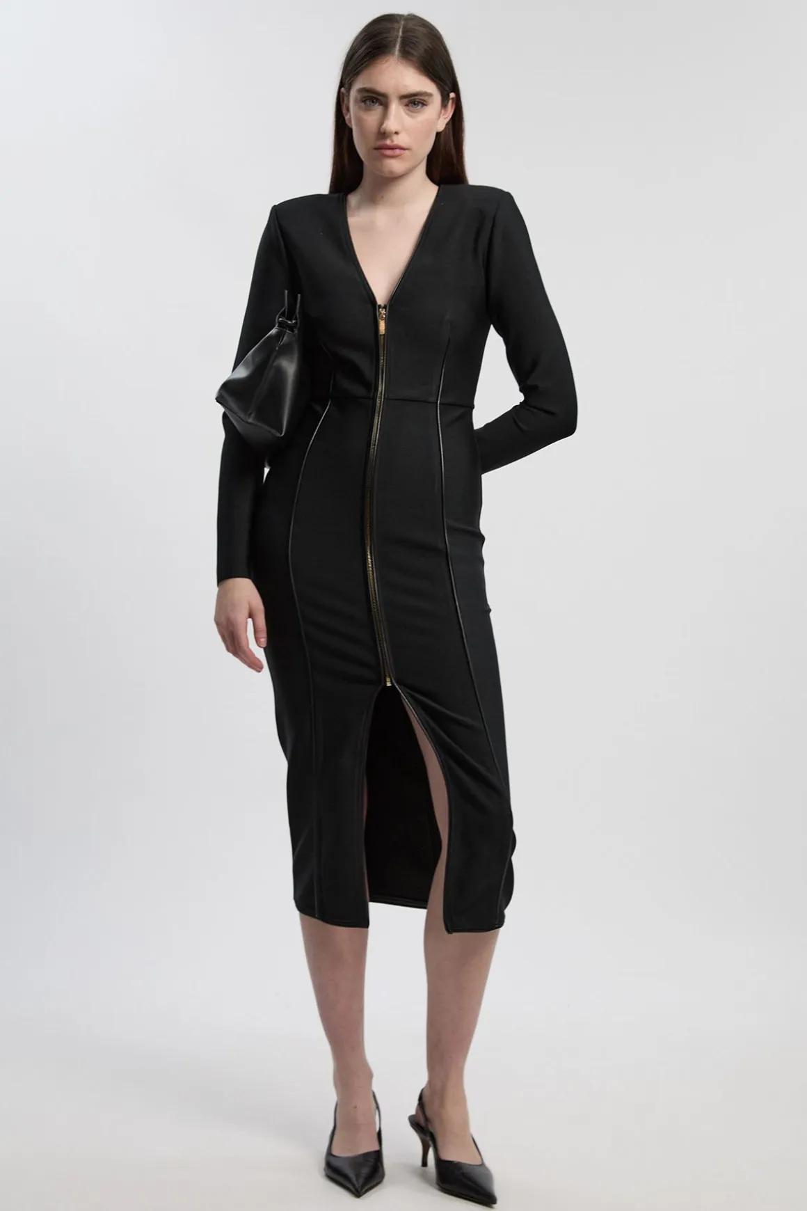 Robe Mi-Longue Moulante en Maille Bandage avec Fermeture Éclair et Détails Bordés SYNTHÉTIQUE - Petite Taille