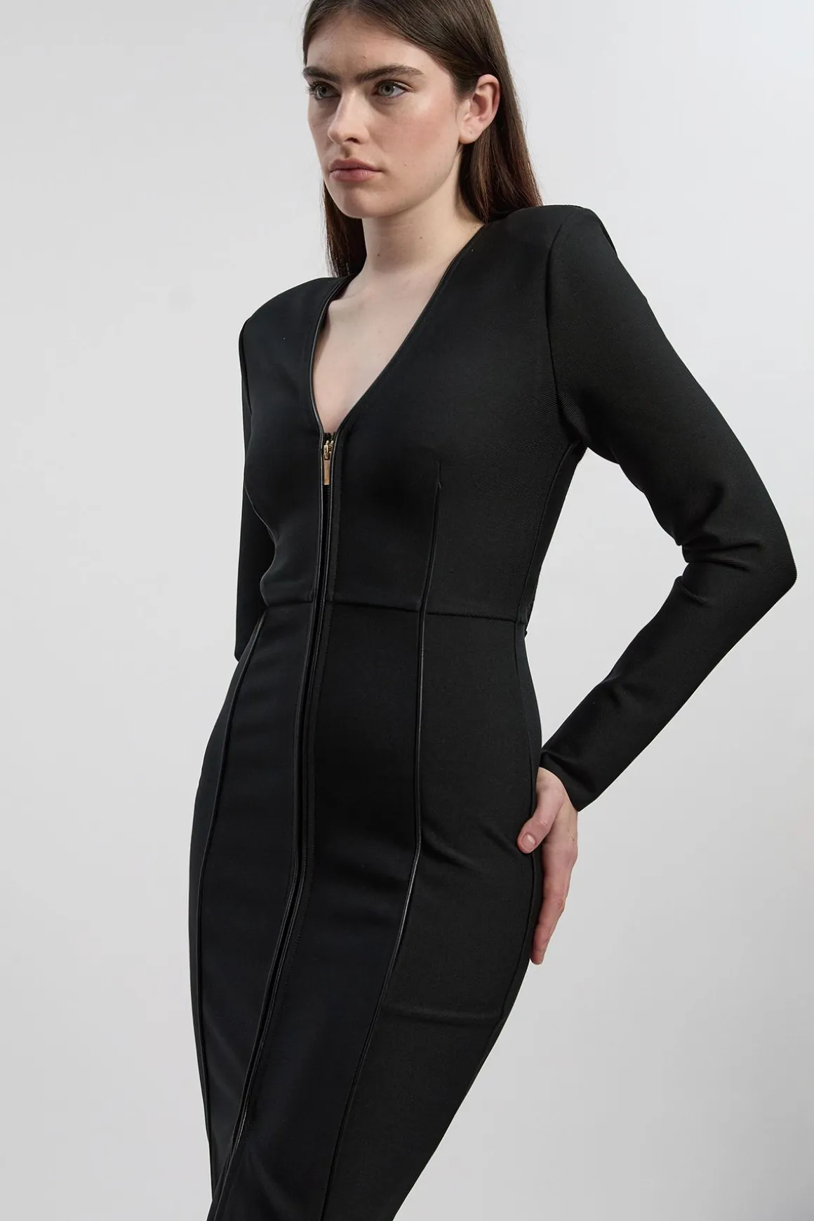 Robe Mi-Longue Moulante en Maille Bandage avec Fermeture Éclair et Détails Bordés SYNTHÉTIQUE - Petite Taille
