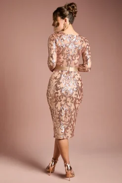 Robe Mi-Longue Moulante à Paillettes et Manches Longues